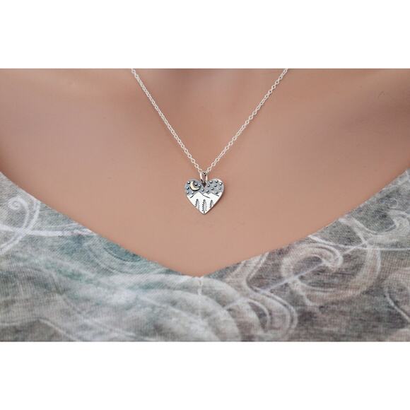 Sterling Silver Heart Charm with Mountains and Bronze Moon Necklace - Picture 4 of 4